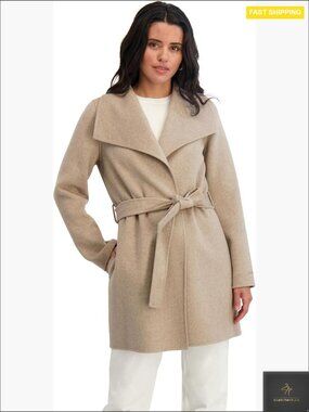 Wool Blend Peacoat Wrap Coat Removable Belt Classic Elegant Fitted Chic